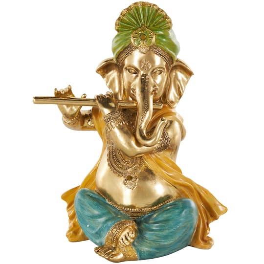 11" Gold Resin Ganesh Musician Decorative Sculpture